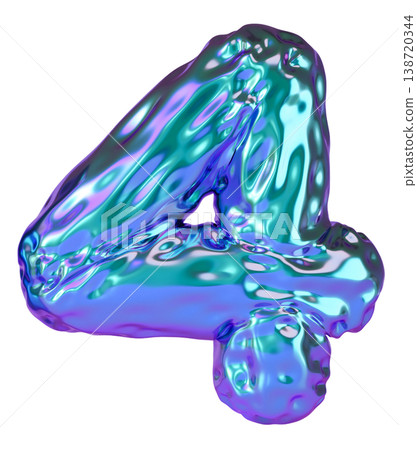 A holographic number four is isolated on a clear background. It appears in a shiny, three-dimensional style, showcasing a smooth and colorful design. The shape has a fluid look A holographic number four is isolated on a clear background. It appears in a shiny, three-dimensional style, showcasing a smooth and colorful design. The shape has a fluid look 138720344