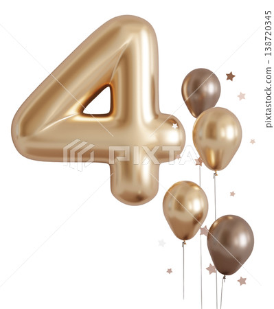 A golden number four stands alone against a clear background. Surrounding the number are balloons and stars, indicating a celebration. This design is suitable for parties 138720345