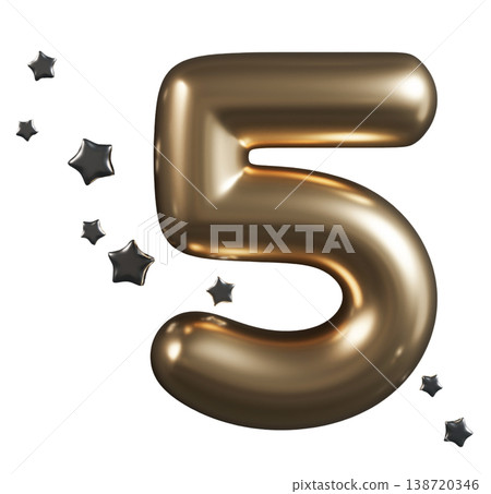 Number five is shown in a shiny metallic finish. Stars are placed around it. This cut out can be used for events or celebrations. It features a three-dimensional appearance on a plain background Number five is shown in a shiny metallic finish. Stars are placed around it. This cut out can be used for events or celebrations. It features a three-dimensional appearance on a plain background 138720346