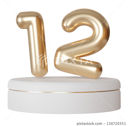 A gold number twelve is cut out and floating above a white round display base. The background is clear, highlighting the three-dimensional effect of the number A gold number twelve is cut out and floating above a white round display base. The background is clear, highlighting the three-dimensional effect of the number 138720351