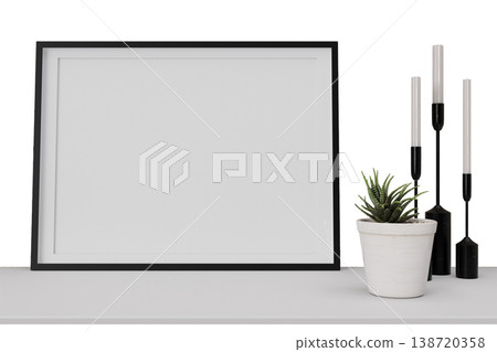 A sideboard shows a picture frame without a picture, next to a potted plant and decorative candles. The setup is simple and isolated on a clear background, highlighting the objects A sideboard shows a picture frame without a picture, next to a potted plant and decorative candles. The setup is simple and isolated on a clear background, highlighting the objects 138720358