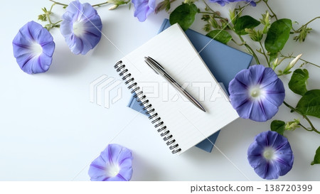 一張白色書桌，上面放著打開的筆記本和鋼筆；還有牽牛花。 138720399