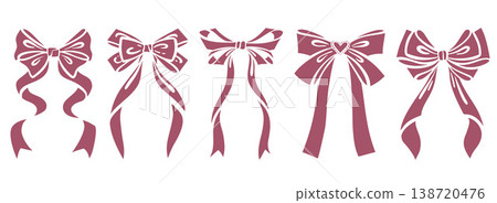 Elegant pink bow ribbon illustration for gift wrapping designs. Vector outline sketch featuring cute knot detail for Christmas presents and holiday decoration projects. 138720476