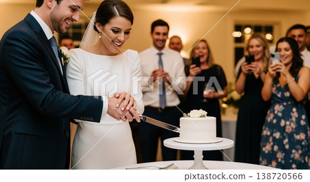 Beautiful wedding moment featuring bride and groom joyfully cutting their elegant cake together 138720566