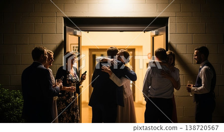 Candid wedding farewell under soft ambient lights as a couple hugs their guests, celebration ends 138720567