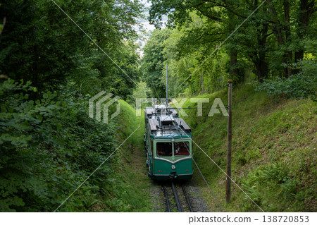 Vintage Electric Tram Moving Through Green Forest Landscape On Narrow Railway Track 138720853