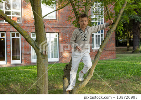 Stylish Young Boy Climbing Tree In Green Garden Near Brick House Summer Portrait Stylish Young Boy Climbing Tree In Green Garden Near Brick House Summer Portrait 138720995