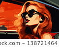 Portrait of a beautiful fashionable woman with a hairstyle and sunglasses, in a car. Bright sunset sky, orange color. Illustration poster in the style of 1960 138721464
