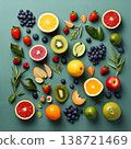 flatlay, set of full and sliced fruits, bananas, strawberries, almonds, mangoes, apples and other fruits, healthy and delicious food 138721469