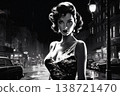 Portrait of a beautiful fashionable woman with a hairstyle, in a city street, at night. Illustration poster in the style of 1960 138721470