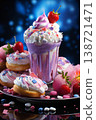 sweet dessert, ice cream with fruits on a colored background, delicious and beautiful food 138721471