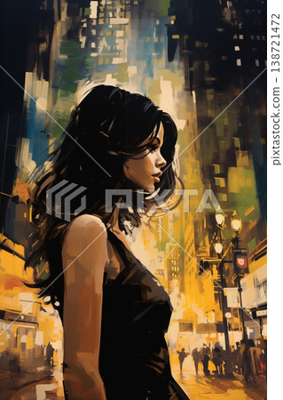 Portrait of a beautiful fashionable woman with a hairstyle, in a city street, at night. Illustration poster in the style of 1960 138721472