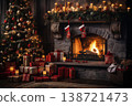 interior of house with burning fire in fireplace, decorated for Christmas or New Year holidays, gifts, Christmas tree, winter season 138721473