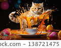 a cat jumps with cookies and splashes of sauce or cream on a colored background, delicious and sweet food 138721475