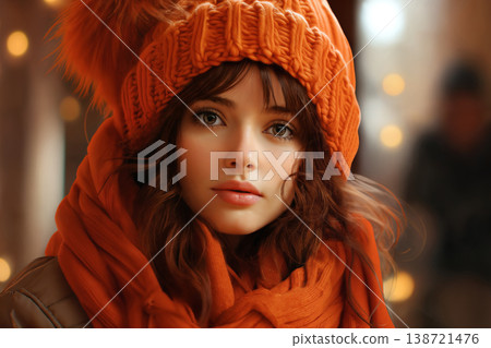 portrait of a beautiful woman in winter, bright sunny day and snow 138721476