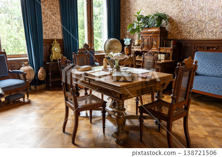 Classic Study Room Interior With Wooden Furniture Books And Vintage Decorative Details. 138721506