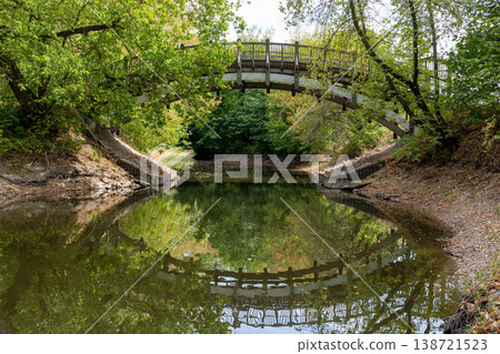 Wooden Footbridge Over Calm River With Reflection In Lush Green Forest Park 138721523