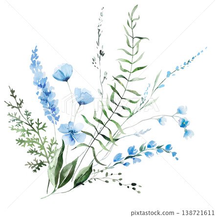 Floral bouquet with blue watercolor wildflowers and leaves, hand drawn wedding illustration Floral bouquet with blue watercolor wildflowers and leaves, hand drawn wedding illustration 138721611