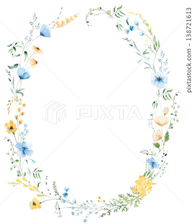 Floral oval frame with yellow and blue watercolor wildflowers and leaves, hand drawn wedding illustration 138721613