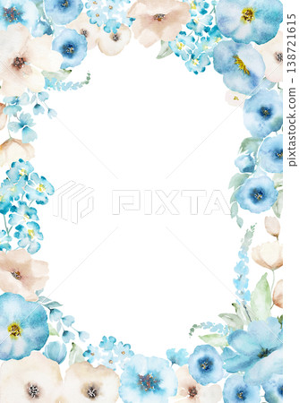 Watercolor rectangular floral frame with light blue and beige flowers, wedding isolated illustration 138721615