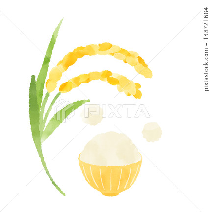 A watercolor illustration of a yellow bowl and rice stalks, evoking images of freshly cooked rice and harvest. 138721684