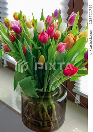 Colorful Tulip Bouquet In Glass Vase On Window Sill Spring Flower Decoration Home Interior 138721755