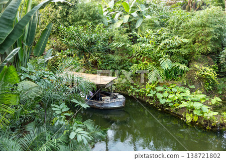 Small Boat on Jungle River Surrounded by Lush Tropical Vegetation Eco Tourism and Adventure Travel Concept 138721802