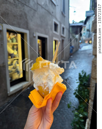 Hand Holding Lemon Gelato Ice Cream In Street Of European Old Town Summer Dessert Hand Holding Lemon Gelato Ice Cream In Street Of European Old Town Summer Dessert 138721817