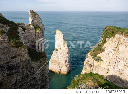 Etretat cliffs rock formations and coastal path over Atlantic ocean in Normandy France scenic landscape 138722015