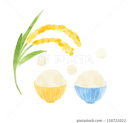 A pair of yellow and blue rice bowls and rice stalks: an image representing harvest and food education. 138722022