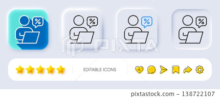 Online discounts line icon. Neumorphic, Flat shadow, 3d buttons. Sale offer sign. Promotion price symbol. Line online discounts icon. Social media icons. Vector 138722107