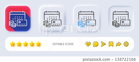 Money calendar line icon. Neumorphic, Flat shadow, 3d buttons. Credit card sign. Annual report symbol. Line money calendar icon. Social media icons. Vector 138722108
