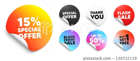 Discount sticker tag. Special offer paper price tags. 15 percent discount offer tag. Sale price promo sign. Special offer symbol. Discount, black friday sticker. Promo banner. Vector Discount sticker tag. Special offer paper price tags. 15 percent discount offer tag. Sale price promo sign. Special offer symbol. Discount, black friday sticker. Promo banner. Vector 138722119
