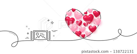 Image carousel line icon. Continuous line big heart. Photo thumbnail sign. Album picture placeholder symbol. 3d hearts in heart shaped loop. Image carousel single line ribbon. Vector 138722131