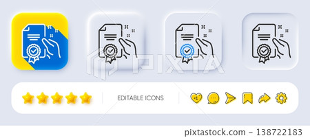 Certificate line icon. Neumorphic, Flat shadow, 3d buttons. High quality or Guarantee sign. Verified document symbol. Line certificate icon. Social media icons. Vector Certificate line icon. Neumorphic, Flat shadow, 3d buttons. High quality or Guarantee sign. Verified document symbol. Line certificate icon. Social media icons. Vector 138722183