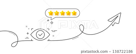Biometric security scan line icon. Continuous line with share plane. Eye access sign. Private protection symbol. Five star rate review in speech bubble. Biometric eye single line ribbon. Vector 138722186