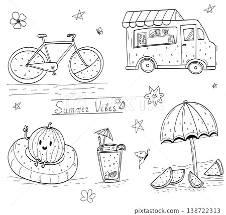 Summer vibes watermelon line art set, cute doodle collection with bike, food truck, drink, umbrella, black and white illustration Summer vibes watermelon line art set, cute doodle collection with bike, food truck, drink, umbrella, black and white illustration 138722313