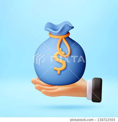 Hand holding a 3D blue bag with golden dollar sign Hand holding a 3D blue bag with golden dollar sign 138722503