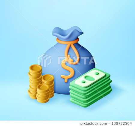 3D Money bag with coin stack and cash banknote 3D Money bag with coin stack and cash banknote 138722504