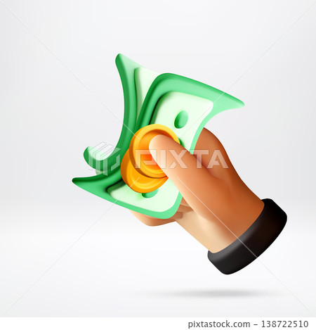 3D Hand holding paper banknote and golden coin. 138722510