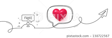 Fake review line icon. Continuous line with share plane. Social propaganda sign. Wrong truth symbol. 3d heart in speech bubble. Fake review single line ribbon. Loop curve pattern. Vector 138722567