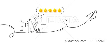 Beauty salon line icon. Continuous line with share plane. Haircut scissors and lipstick sign. Makeup service symbol. Five star rate review in speech bubble. Beauty single line ribbon. Vector 138722600