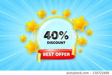 Discount sunburst ray banner. Best offer flag ribbon. 40 percent discount tag. Sale offer price sign. Special offer symbol. 3d stars glitter. Red ribbon tag. Discount offer. Vector 138722666