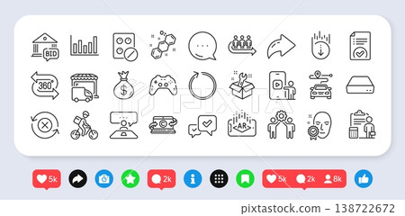 Chemical formula, Loop and Spanner line icons pack. Social media: share, comment, like icons. Mini pc, Copywriting notebook, Delivery truck web icon. Vector Chemical formula, Loop and Spanner line icons pack. Social media: share, comment, like icons. Mini pc, Copywriting notebook, Delivery truck web icon. Vector 138722672