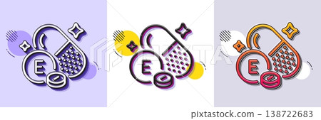 Vitamin E line icon. Halftone dotted pattern. Gradient icon with grain shadow. Tocopherols food nutrient sign. Capsule or pill supplement symbol. Line vitamin E icon. Various designs. Vector 138722683