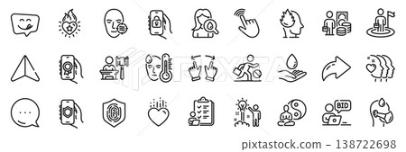 Sick man, Fever and Online auction line icons pack. Share, Message, Paper plane icons. Heart flame, Yummy smile, Leadership web icon. Checklist, Stress, Auction pictogram. Vector 138722698