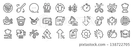 Chef hat, Customer survey, Fast delivery line icons. Settings gear, Message, Inflation icons. Approved application, Scissors cutting ribbon, Artificial intelligence icons. Vector 138722705