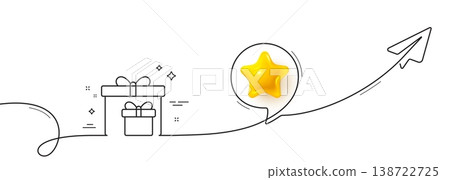 Gift boxes line icon. Continuous line with share plane. Present or Sale sign. Birthday Shopping symbol. Package in Gift Wrap. 3d star in speech bubble. Delivery boxes single line ribbon. Vector 138722725