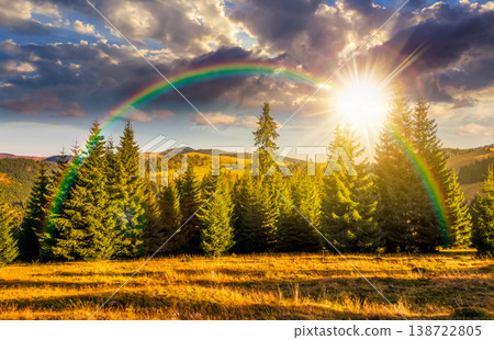 sunset over hillside with coniferous forest on a meadow in mountain landscape of Romania in autumn. wonderful view surrounded by spruce trees on the slope. transylvania wonderland under rainbow 138722805