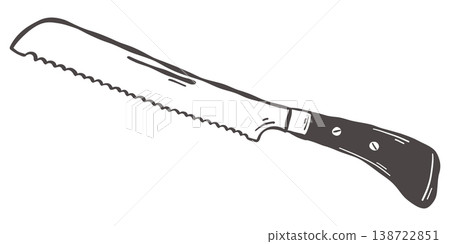 Bread knife with serrated blade in hand drawn vintage kitchen style Bread knife with serrated blade in hand drawn vintage kitchen style 138722851